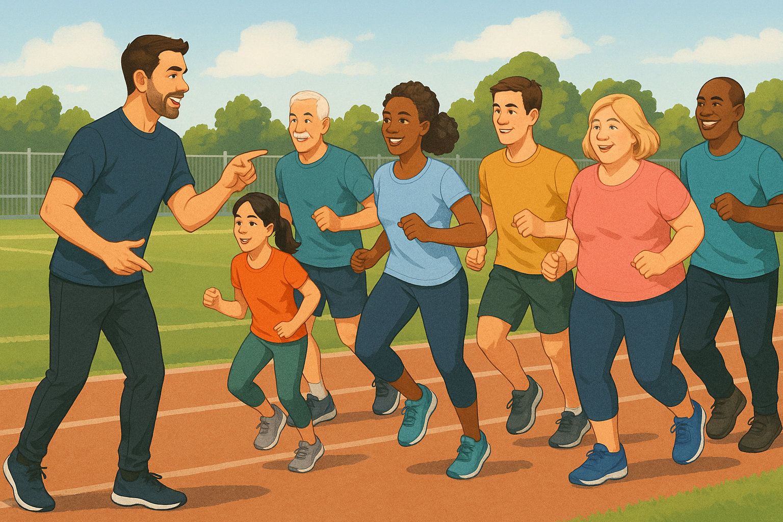 Training tips, coach and group, running form, outdoor sports